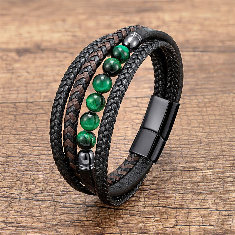 Buddha Stones Tigerauge Lavastein Schwarzer Onyx Lazurite Hämatit Perle Positives Lederarmband