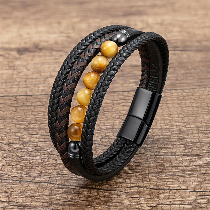 Buddha Stones Tigerauge Lavastein Schwarzer Onyx Lazurite Hämatit Perle Positives Lederarmband