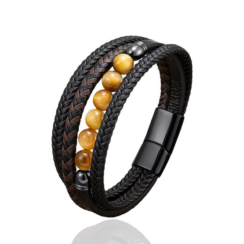 Buddha Stones Tigerauge Lavastein Schwarzer Onyx Lazurite Hämatit Perle Positives Lederarmband
