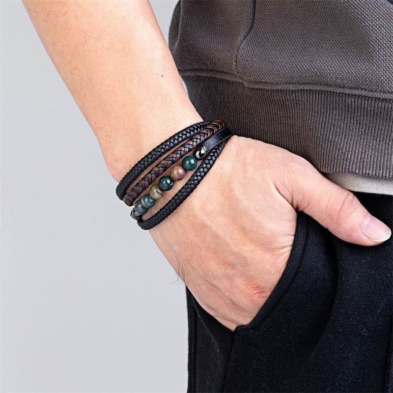 Buddha Stones Tigerauge Lavastein Schwarzer Onyx Lazurite Hämatit Perle Positives Lederarmband