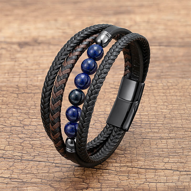 Buddha Stones Tigerauge Lavastein Schwarzer Onyx Lazurite Hämatit Perle Positives Lederarmband