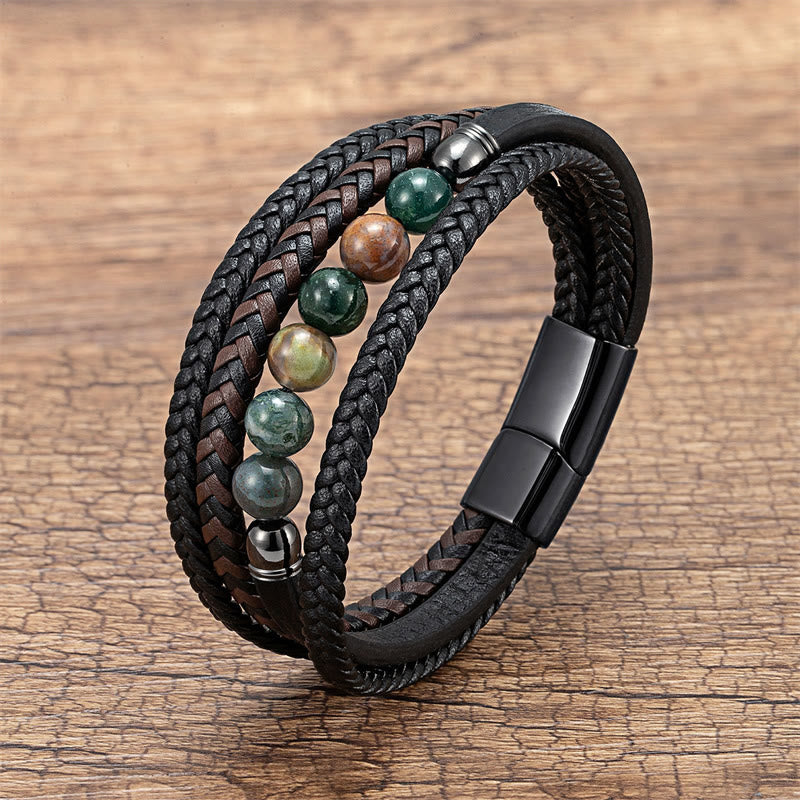Buddha Stones Tigerauge Lavastein Schwarzer Onyx Lazurite Hämatit Perle Positives Lederarmband