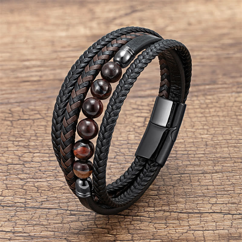 Buddha Stones Tigerauge Lavastein Schwarzer Onyx Lazurite Hämatit Perle Positives Lederarmband
