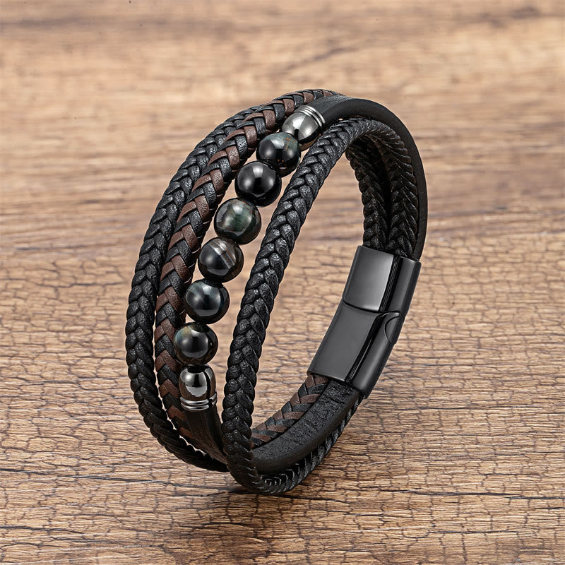 Buddha Stones Tigerauge Lavastein Schwarzer Onyx Lazurite Hämatit Perle Positives Lederarmband