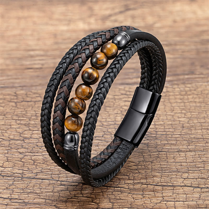 Buddha Stones Tigerauge Lavastein Schwarzer Onyx Lazurite Hämatit Perle Positives Lederarmband