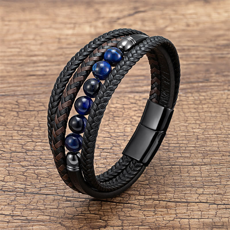 Buddha Stones Tigerauge Lavastein Schwarzer Onyx Lazurite Hämatit Perle Positives Lederarmband