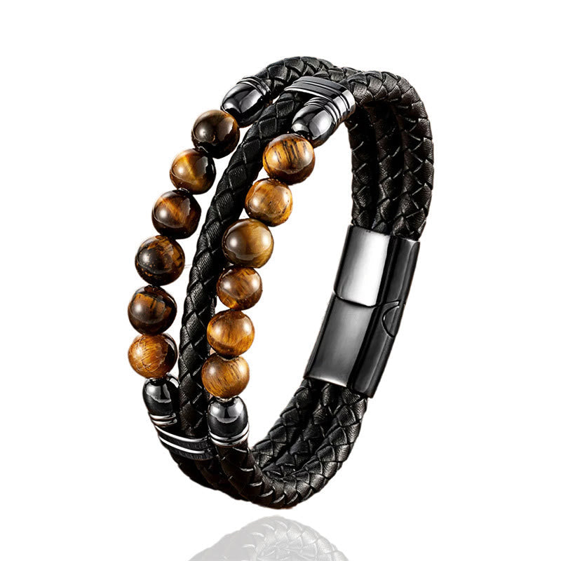 Buddha-Steine, Tigerauge, Hämatit, Lavastein, schwarzer Onyx, Lazurit-Perlen, Schutz, Stärke, Lederarmband