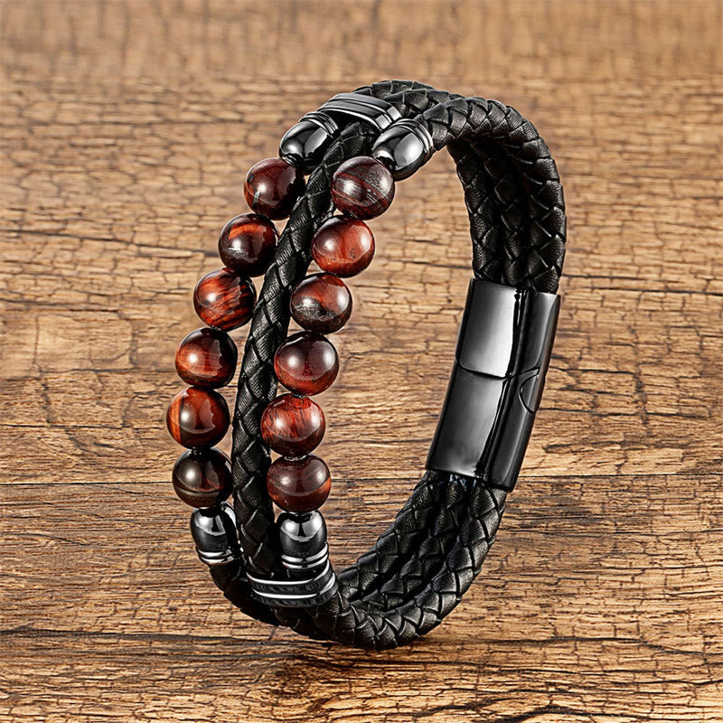 Buddha-Steine, Tigerauge, Hämatit, Lavastein, schwarzer Onyx, Lazurit-Perlen, Schutz, Stärke, Lederarmband