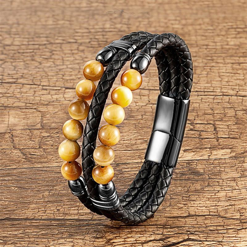 Buddha-Steine, Tigerauge, Hämatit, Lavastein, schwarzer Onyx, Lazurit-Perlen, Schutz, Stärke, Lederarmband