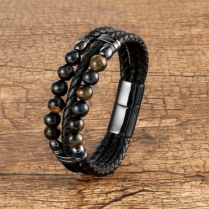 Buddha-Steine, Tigerauge, Hämatit, Lavastein, schwarzer Onyx, Lazurit-Perlen, Schutz, Stärke, Lederarmband