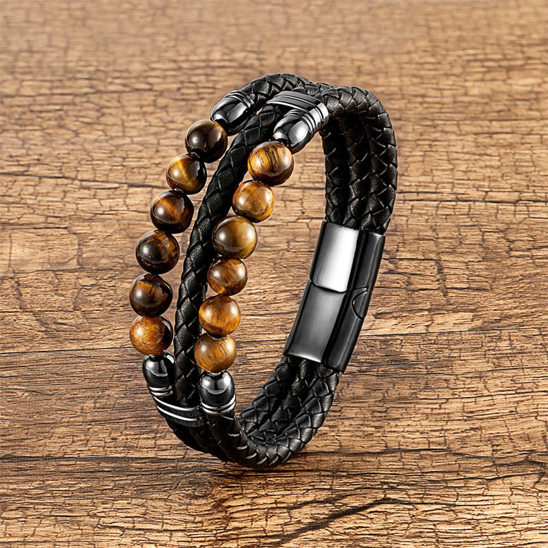 Buddha-Steine, Tigerauge, Hämatit, Lavastein, schwarzer Onyx, Lazurit-Perlen, Schutz, Stärke, Lederarmband