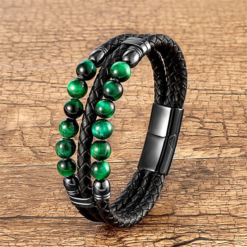Buddha-Steine, Tigerauge, Hämatit, Lavastein, schwarzer Onyx, Lazurit-Perlen, Schutz, Stärke, Lederarmband