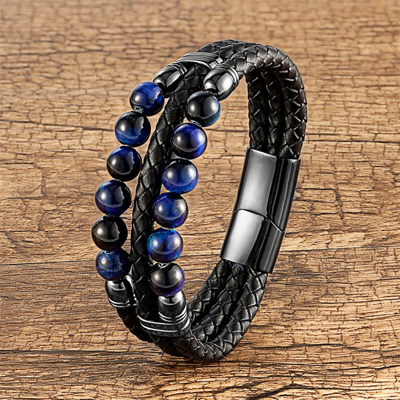 Buddha-Steine, Tigerauge, Hämatit, Lavastein, schwarzer Onyx, Lazurit-Perlen, Schutz, Stärke, Lederarmband