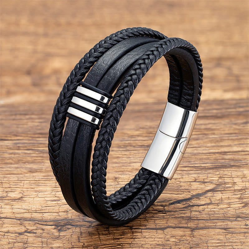 Pulsera de cuero trenzado con hebilla de acero y titanio, hecha a mano, con piedras de Buda