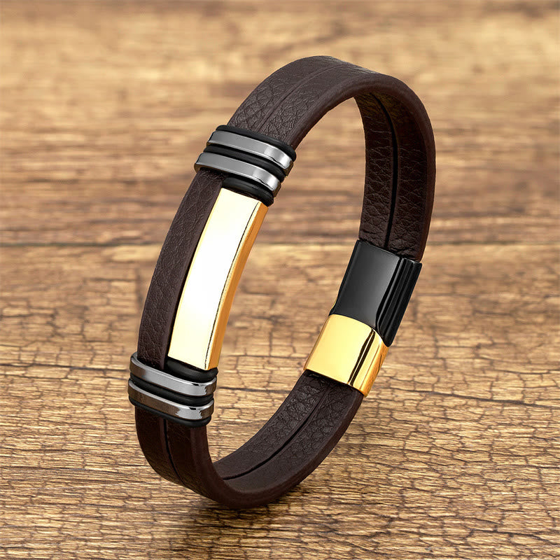 Pulsera de equilibrio con hebilla de acero y titanio de cuero marrón y piedras de Buda
