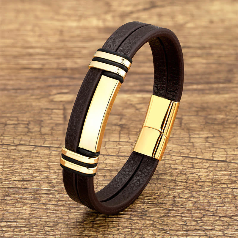 Pulsera de equilibrio con hebilla de acero y titanio de cuero marrón y piedras de Buda