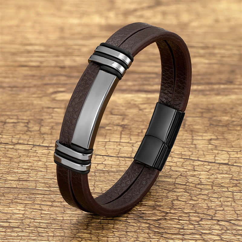 Pulsera de equilibrio con hebilla de acero y titanio de cuero marrón y piedras de Buda