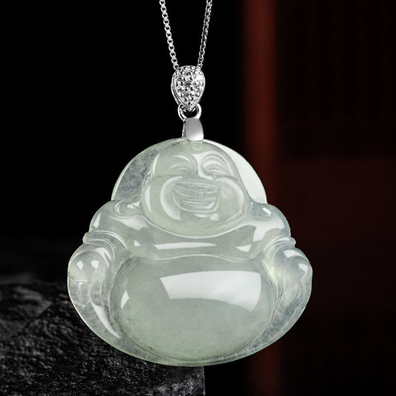 Collar con colgante de Buda sonriente de jade natural en plata de ley 925 con piedras de Buda, cadena de prosperidad y abundancia.