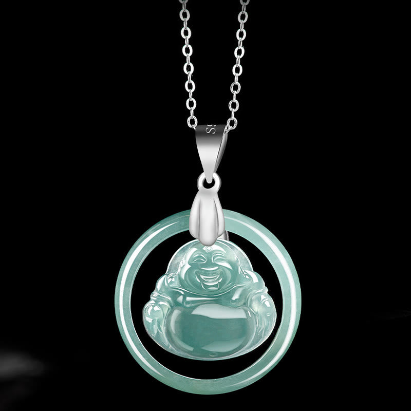 Collar con colgante de Buda sonriente de jade natural en plata de ley 925 con piedras de Buda