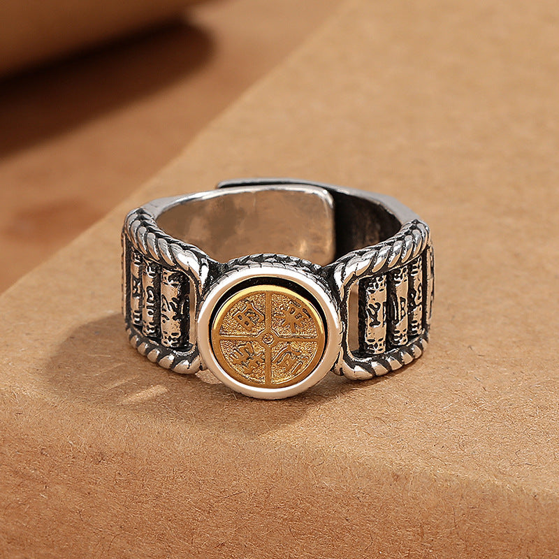 Anillo giratorio de pureza con diseño de moneda de cobre tallada con piedras de Buda tibetanas Om Mani Padme Hum