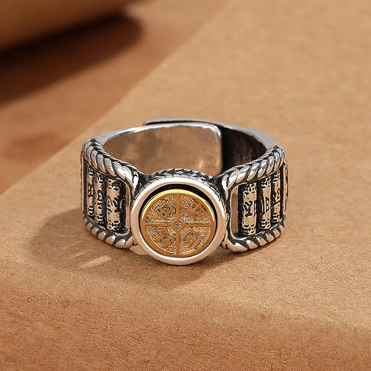 Anillo giratorio de pureza con diseño de moneda de cobre tallada con piedras de Buda tibetanas Om Mani Padme Hum