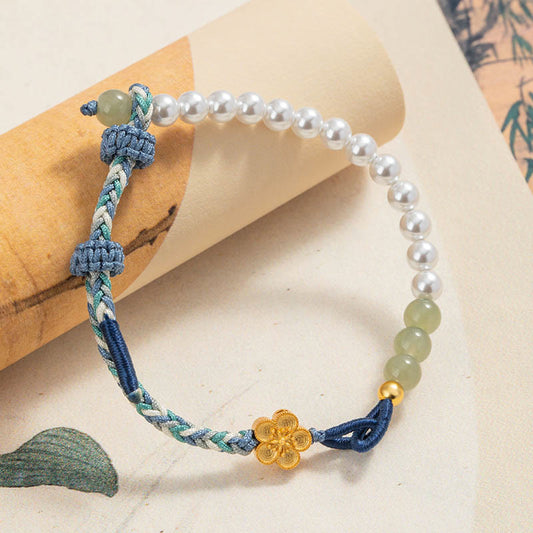 Pulsera de la suerte trenzada con piedras de Buda, jade hetiano, flor de durazno y perla, en plata de ley 925