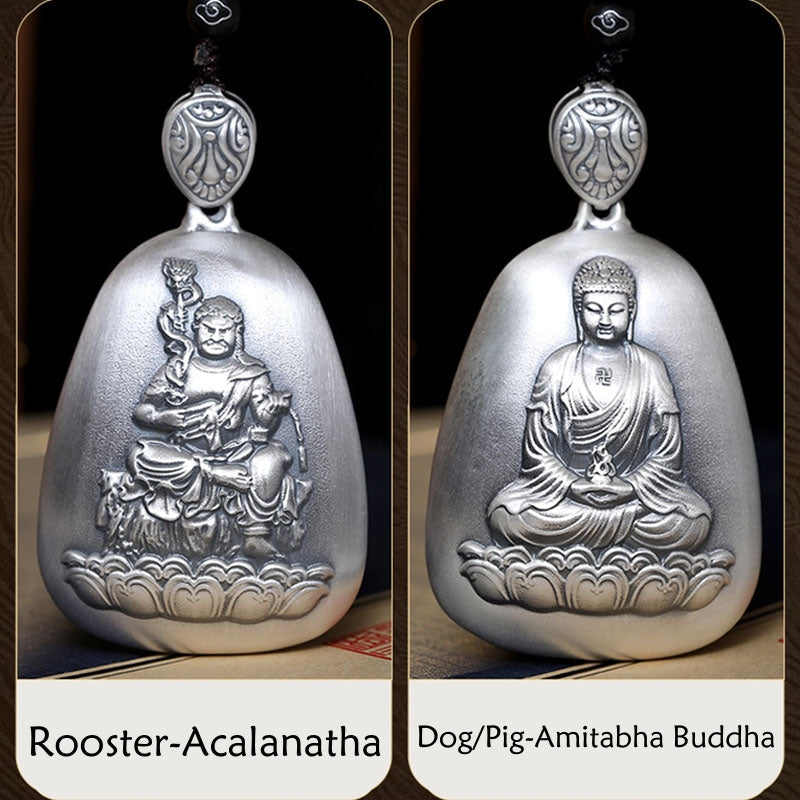 Collar con colgante de protección con piedras de Buda en plata de ley 999 con grabado del Sutra del Corazón de Buda Natal del Zodíaco Chino