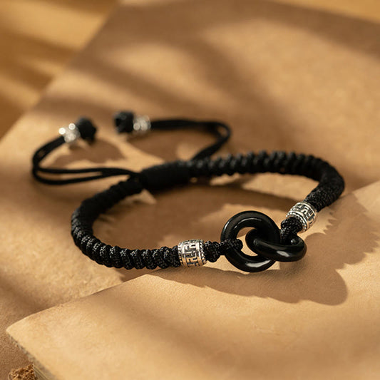 Buddha Stones 925 Sterling Silber Natürliche Hetian Schwarze Jade Doppelte Peace-Schnalle Hakenkreuz-Symbol Glücksarmband