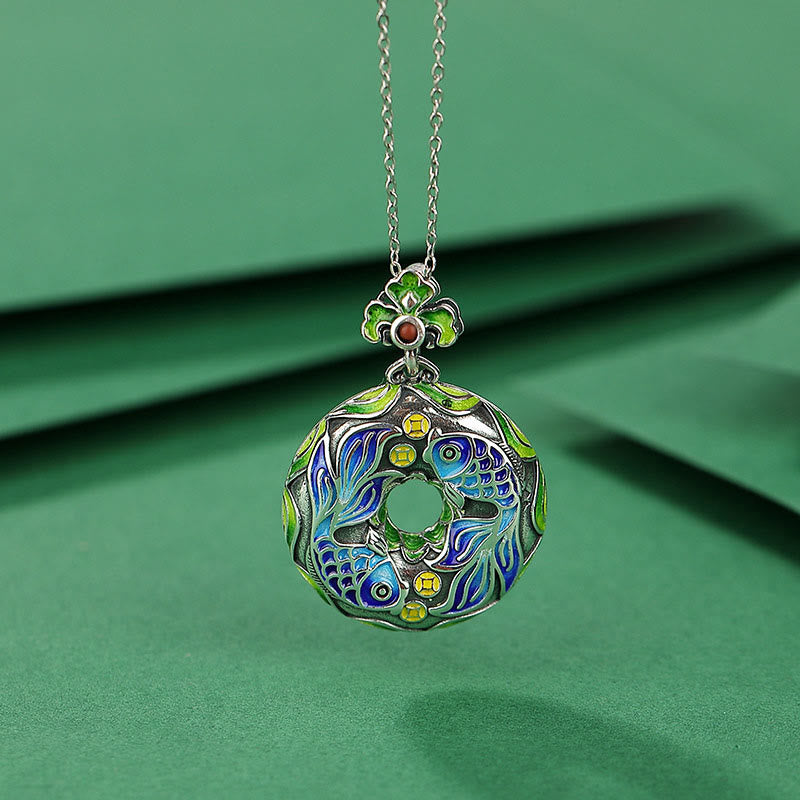 Collar con colgante de plata de ley 925 con piedras de Buda, pez koi, moneda de cobre, hebilla de la paz, suerte y riqueza.