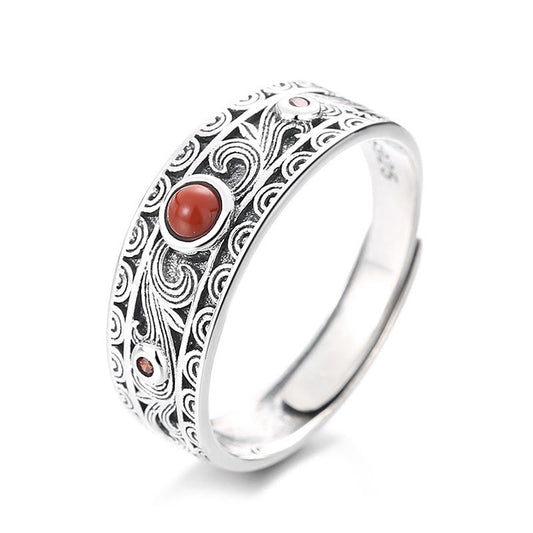 Anillo de pensamiento lógico con nubes auspiciosas y ágata roja incrustada en plata de ley 925 con piedras de Buda