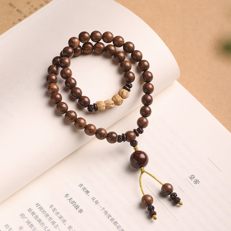 Pulsera de doble vuelta con semillas de Bodhi y sándalo rojo de hoja pequeña con piedras de Buda y sándalo