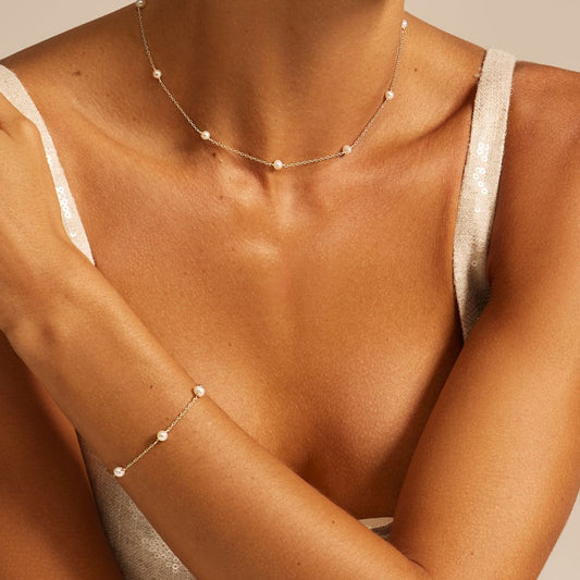 Gold Ten Pearl Choker and Five Pearl Bracelet Gift Set