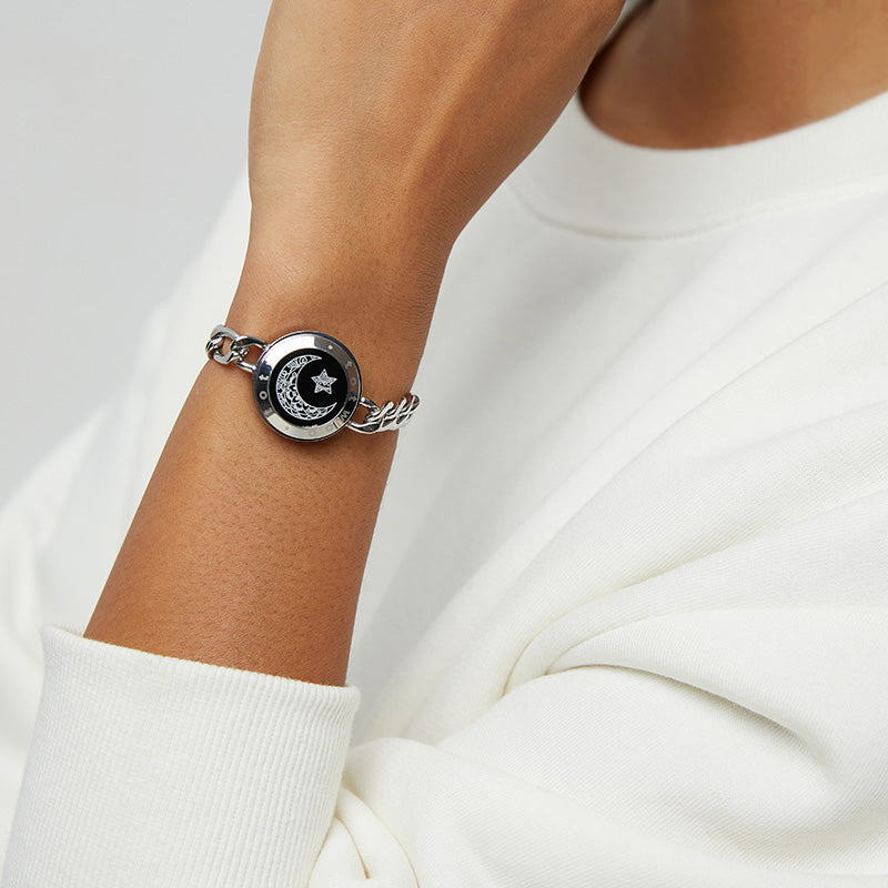 Sun&Moon Touch Bracelets with Figaro Chain (Black+Silver) - Touch Bling