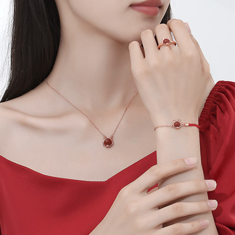 Buddha Stones 925 Sterling Silver Year of the Dragon Cinnabar Red Agate Dragon Protection Bracelet Necklace Pendant Earrings Ring