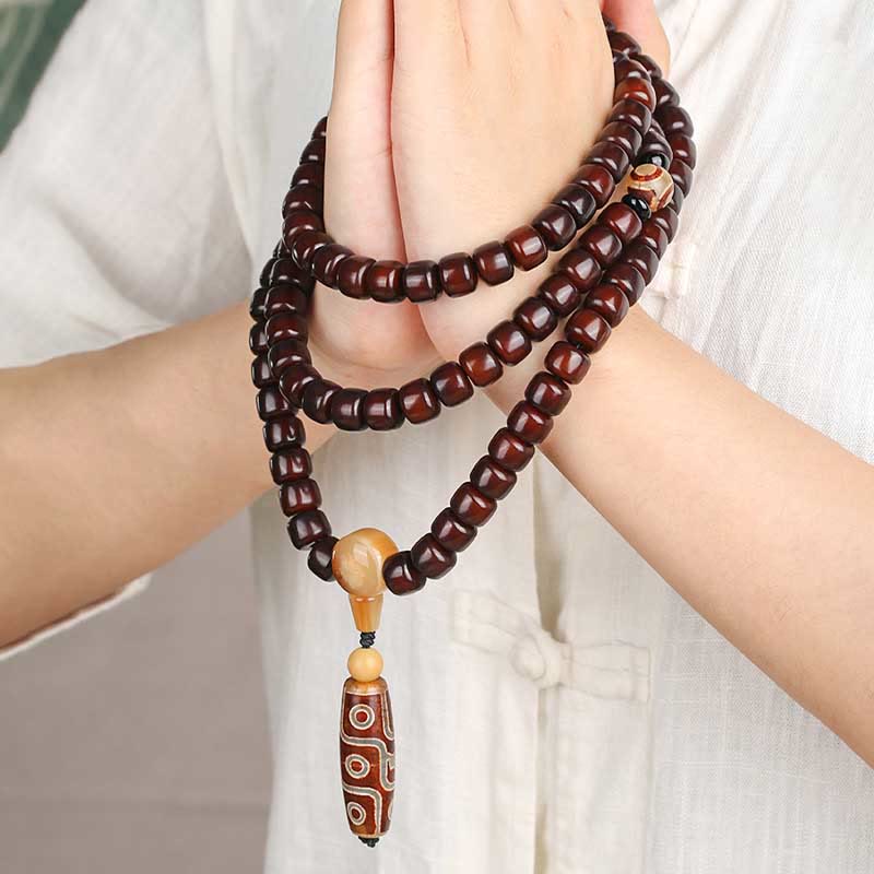 Pulsera de jade de la suerte con 108 cuentas Mala, cuentas Dzi de tres ojos y cuentas Dzi de nueve ojos.