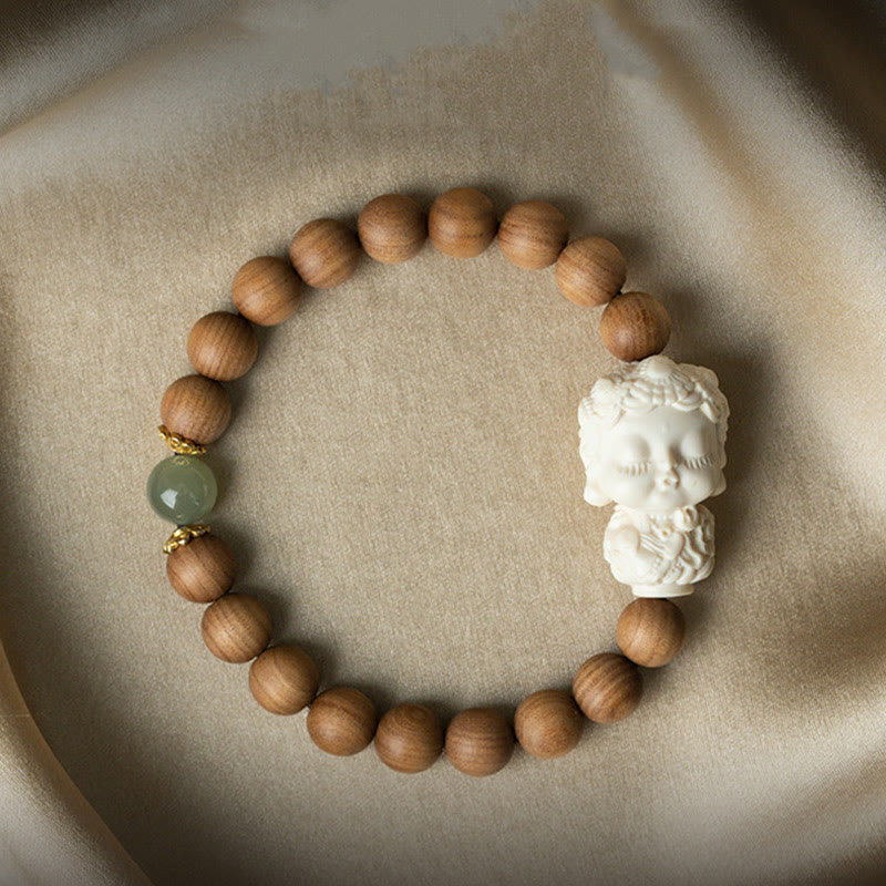 Pulsera protectora de piedras de Buda, sándalo, jade hetiano, marfil y fruta de Tara verde