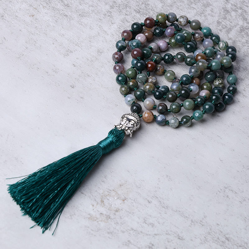 Buddha Stones 108 Mala-Perlen, indischer Achat, Buddha-Kopf-Reinigungsarmband