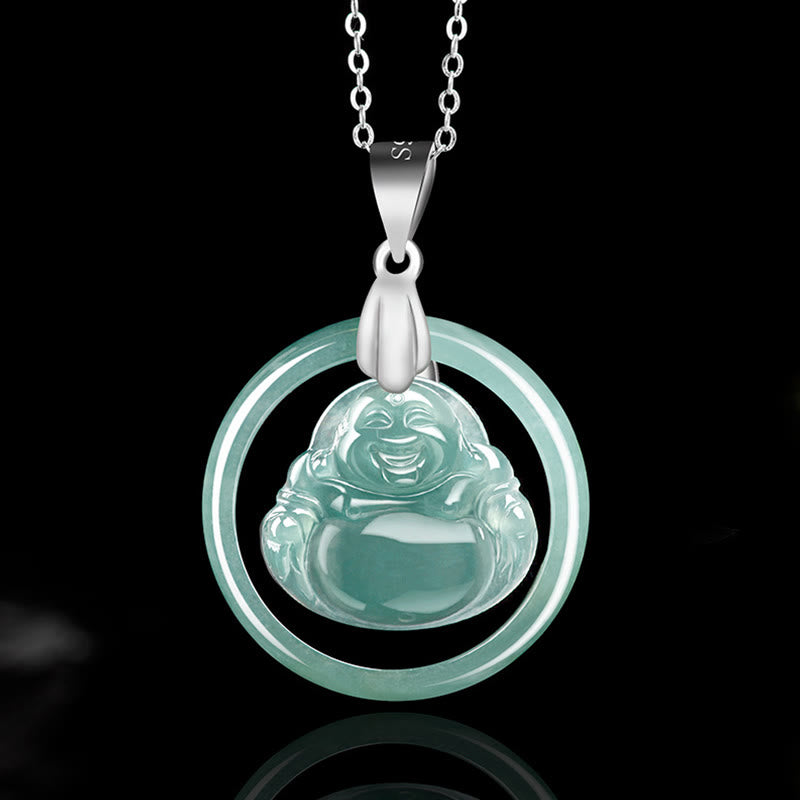 Collar con colgante de Buda sonriente de jade natural en plata de ley 925 con piedras de Buda