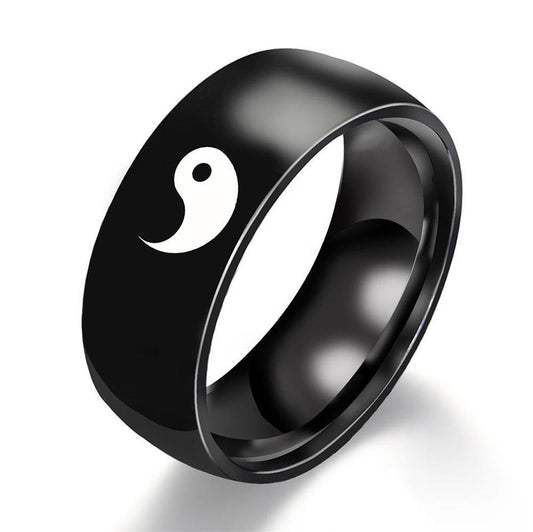 Anillo de pareja de acero y titanio con equilibrio Yin Yang y piedras de Buda