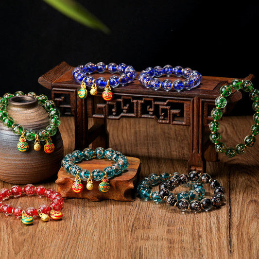 Pulsera de éxito con cuentas de vidrio fluorescentes de Liuli y amuleto familiar de la Bestia Tragándose Oro y Piedras de Buda