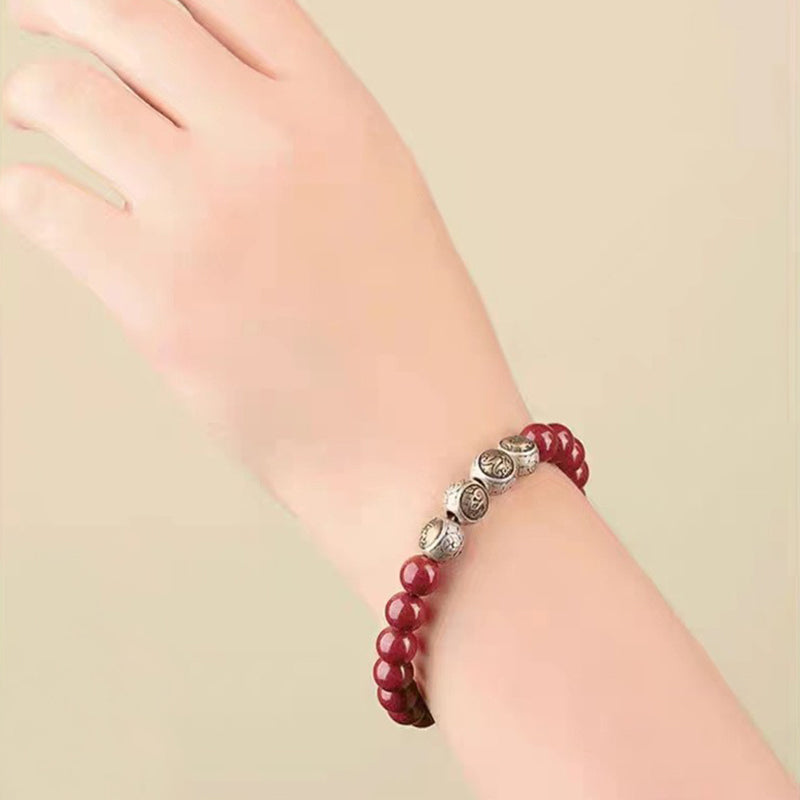 Buddha Stones 925 Sterling Silver Natural Cinnabar Four Beasts Blessing Bracelet