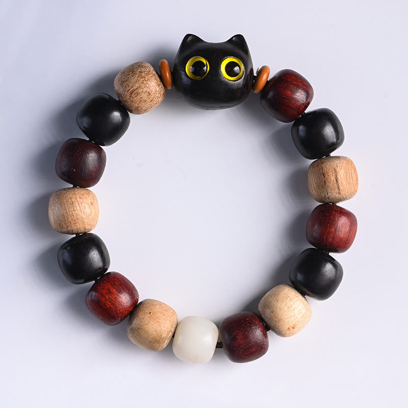 Pulsera de protección con piedras de Buda, hoja pequeña, sándalo rojo, madera de ébano y gato grabado