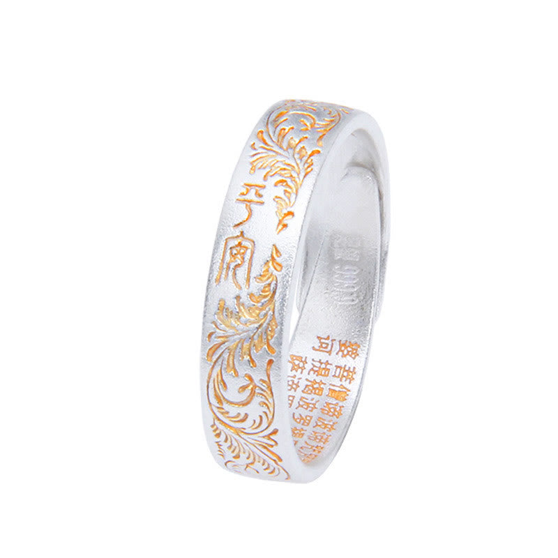 Buddha-Stein 999 Sterling Silber Gold-bemalter fröhlicher Blumenmuster friedlicher Herz-Sutra-Ring