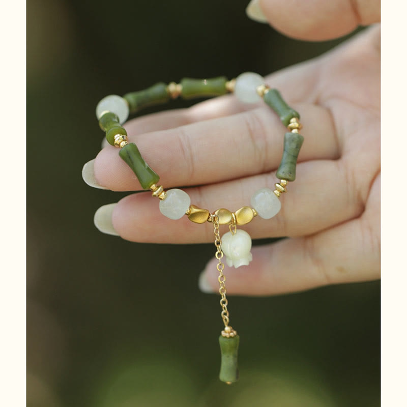 Pulsera de la riqueza con piedras de Buda, bambú verde, jade y lirio de los valles
