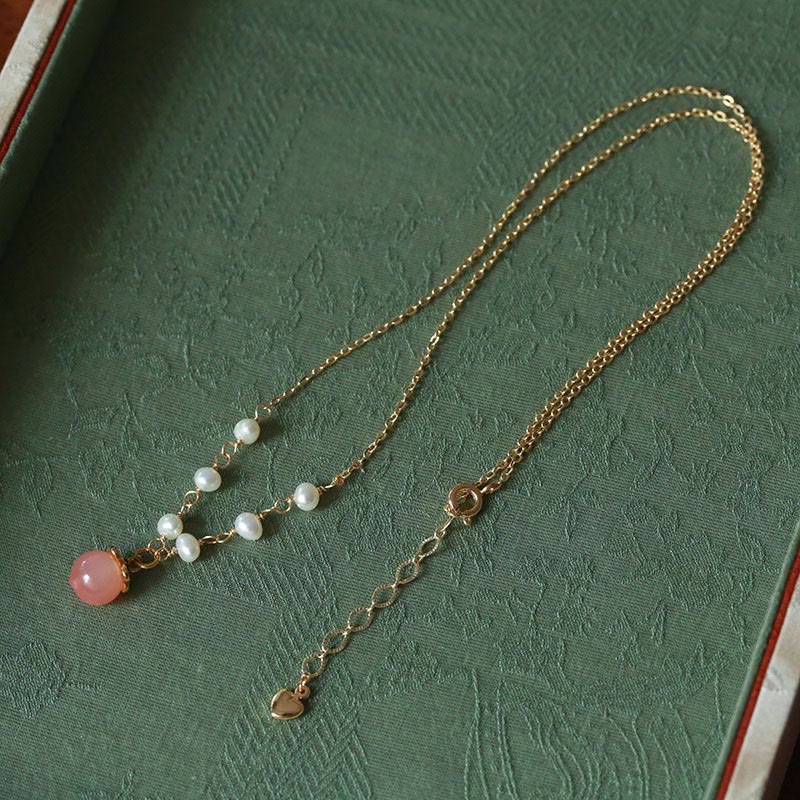 Buddha Stones Gold-plated Copper Natural Yanyuan Agate Pearl Positive Necklace Pendant Bracelet Earrings Set