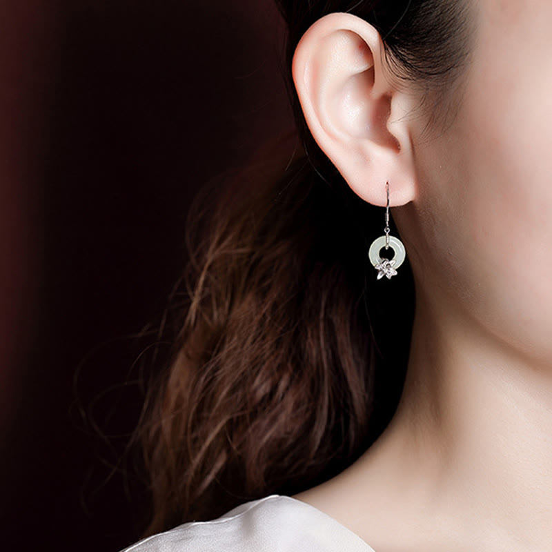 Pendientes de plata de ley 925 con piedras de Buda, jade hetiano, hebilla de la paz y orquídea de la prosperidad