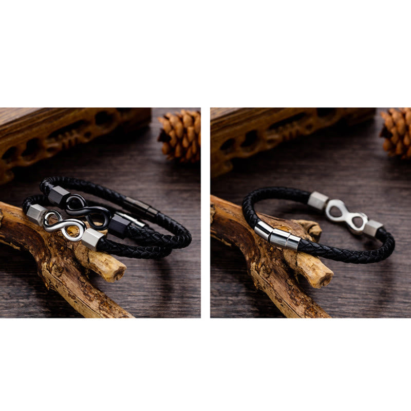 Pulsera de equilibrio con nudo infinito de piedras de Buda, acero de titanio y cuero trenzado.