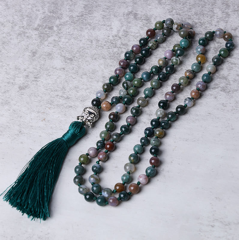 Buddha Stones 108 Mala-Perlen, indischer Achat, Buddha-Kopf-Reinigungsarmband