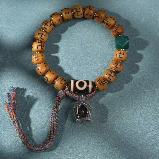 Buddha-Steine, natürliches tibetisches Kamelknochen-Hakenkreuz-Dzi-Perlen-Shankha-Buddha-Charm, Kirtimukha-Glücksschutz-Quastenarmband