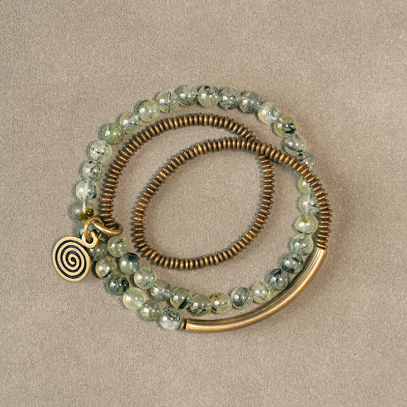 Pulsera de cobre con piedras de Buda, cuarzo hematoide rojo fantasma morado y cuarzo rutilado verde, amor y perdón